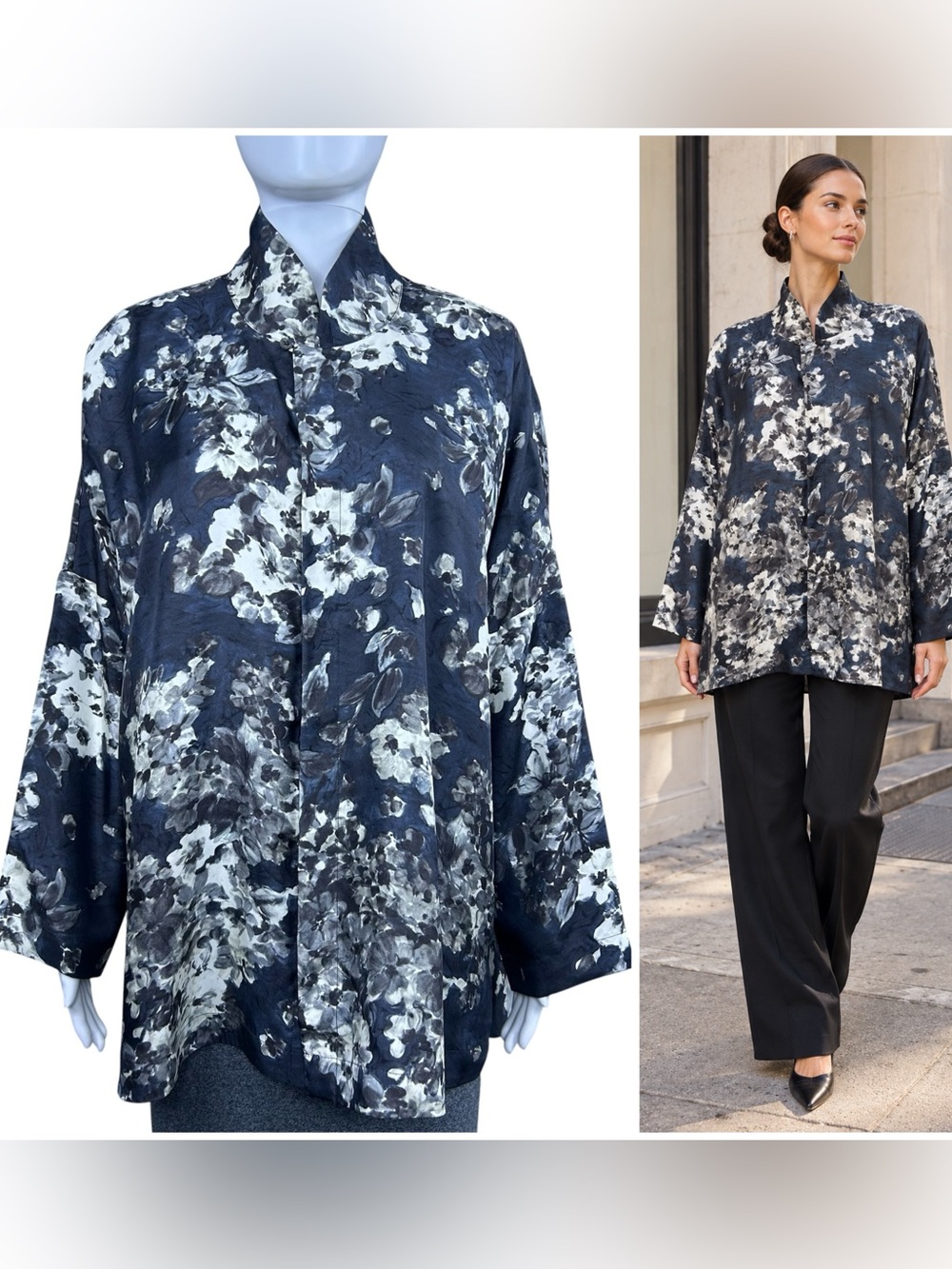 Eskandar Silk Floral Oversized Collared Blouse Size 1 Medium To Wear Tunic Shirt